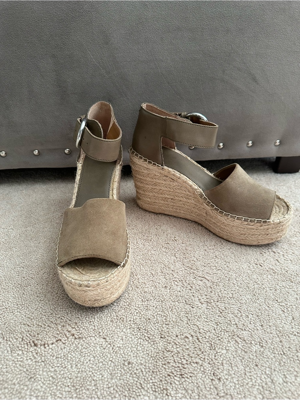 Marc Fisher Olive Suede Espadrille Wedge Sandals with Ankle Buckle